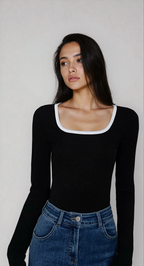 Square Neck Contrast Trim Top