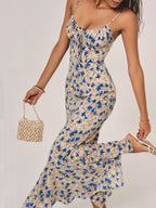 Floral Summer Night Spaghetti Strap Maxi Dress with Ruched Front