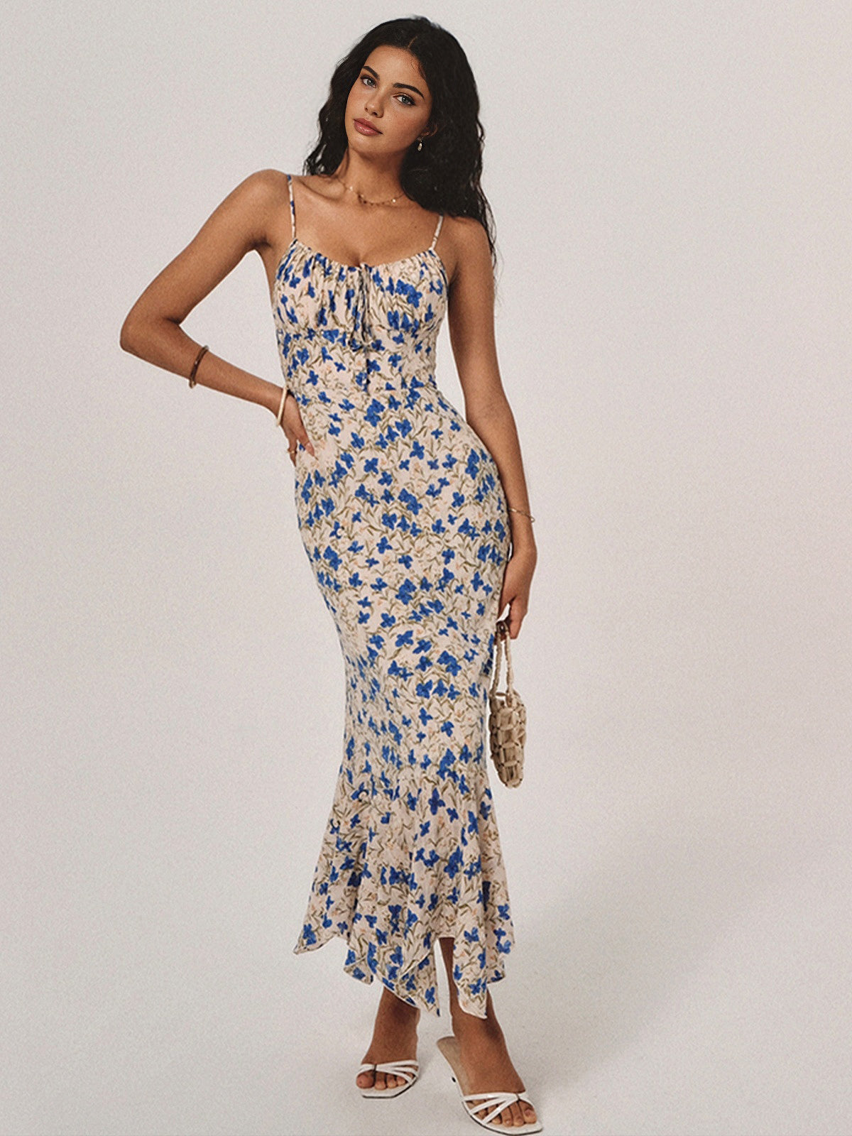 Floral Summer Night Spaghetti Strap Maxi Dress with Ruched Front