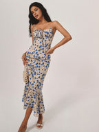 Floral Summer Night Spaghetti Strap Maxi Dress with Ruched Front