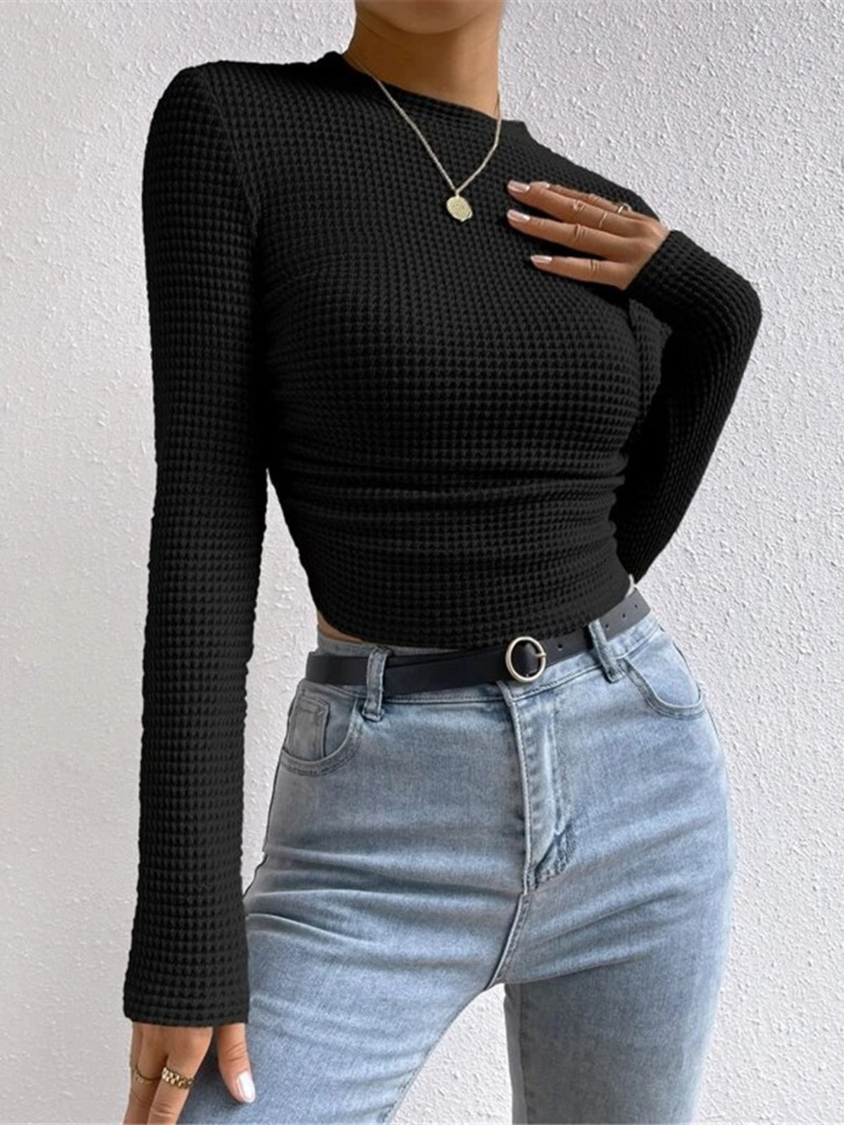 Waffle Knit Long Sleeve Top