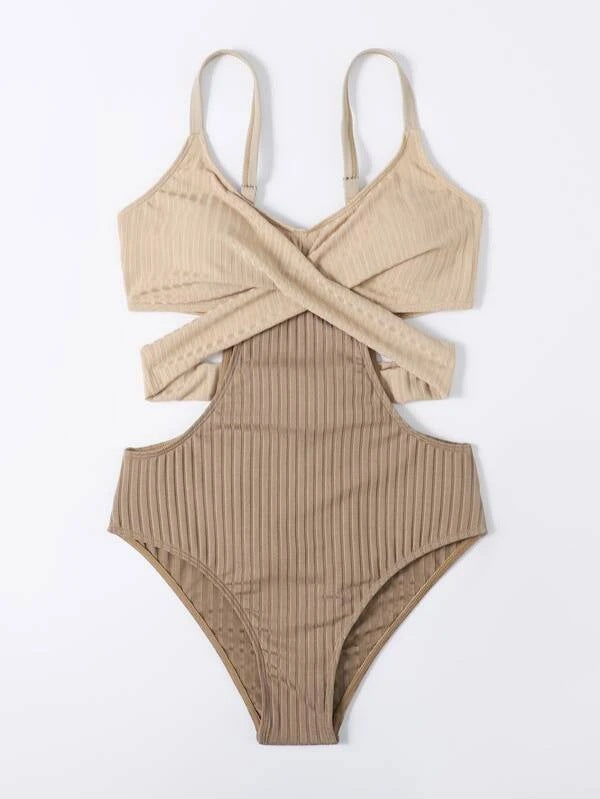 Beige Swimsuit with Crossed Waistband