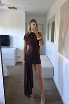 Asymmetric Ruched Chocolate Brown Wedding Guest Mini Dress