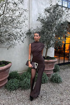 Asymmetric Ruched Chocolate Brown Wedding Guest Mini Dress