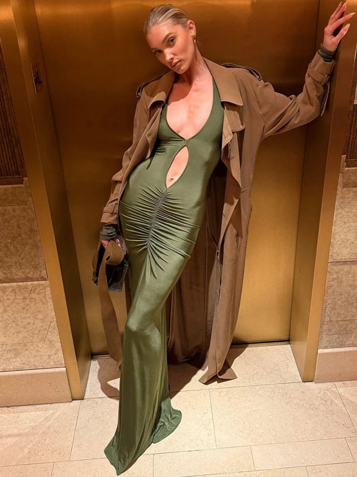 Elegant Green Long Sleeve Evening Gown