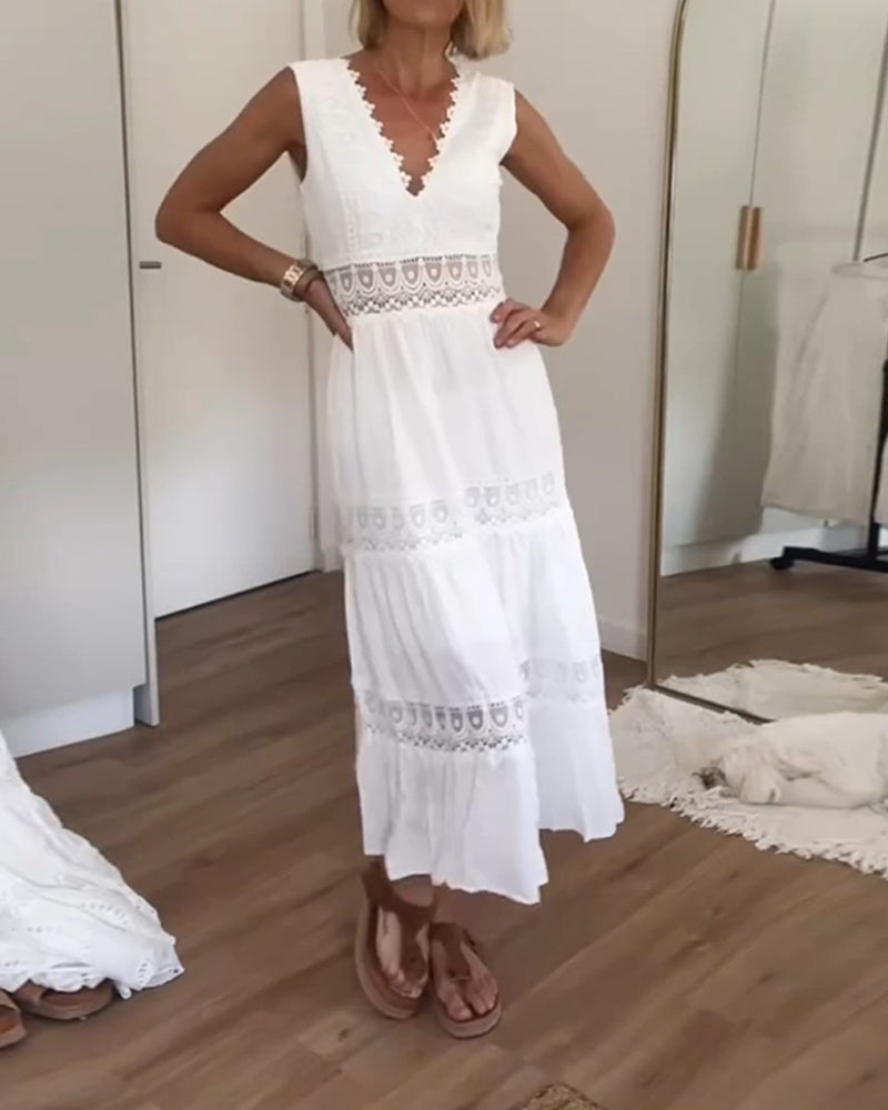 Cute Airy White Summer Midi dress with lace and V-neck