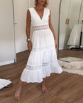 Cute Airy White Summer Midi dress with lace and V-neck