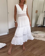Cute Airy White Summer Midi dress with lace and V-neck