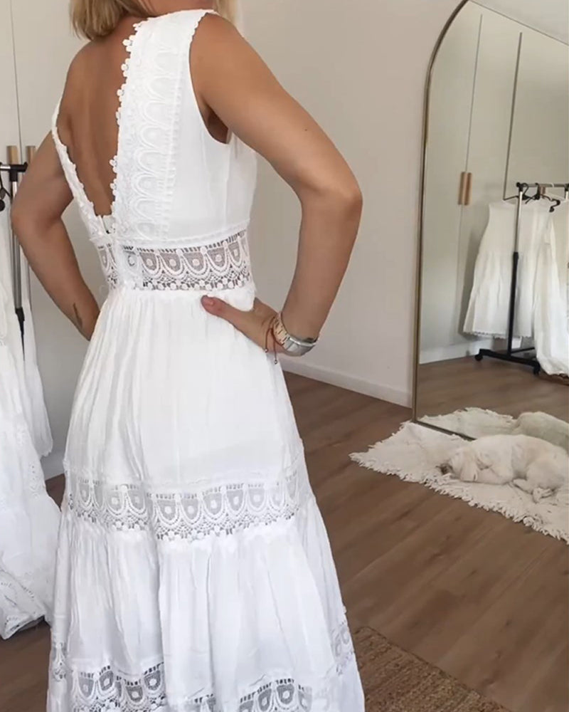 Cute Airy White Summer Midi dress with lace and V-neck