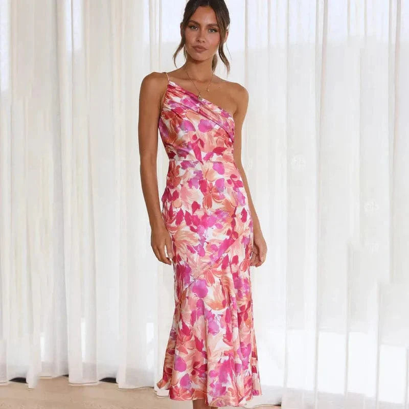 Elegant one-shoulder floral Cocktail Party dress
