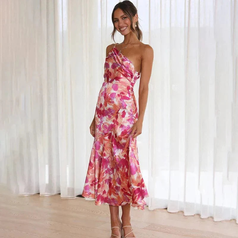 Elegant one-shoulder floral Cocktail Party dress