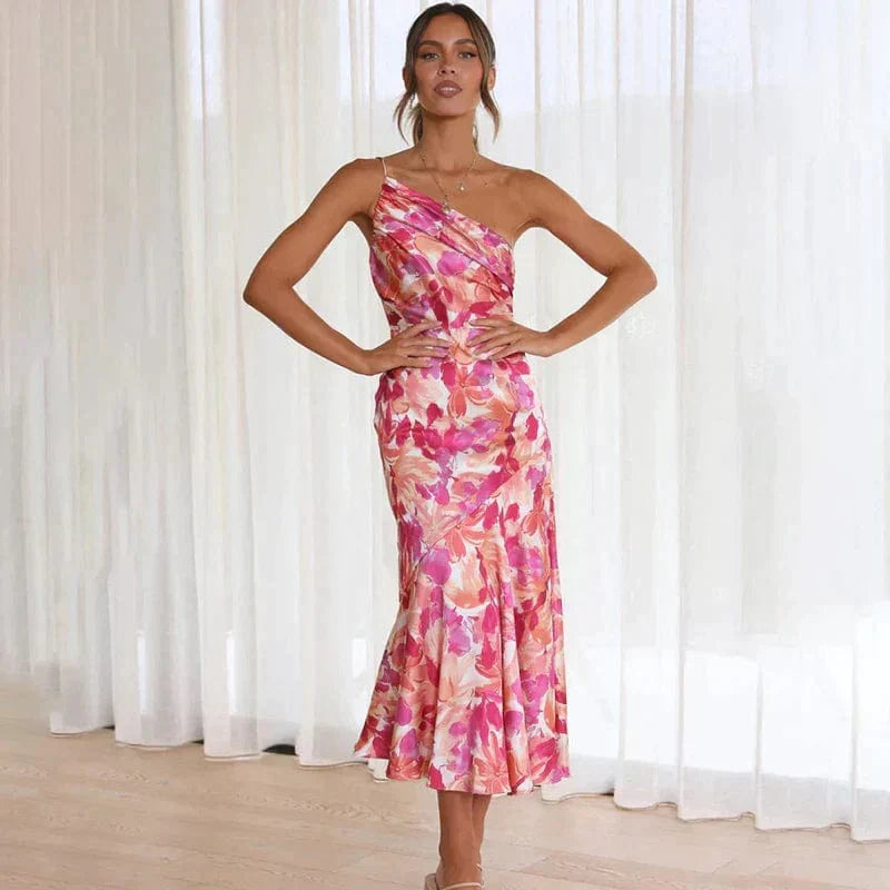 Elegant one-shoulder floral Cocktail Party dress