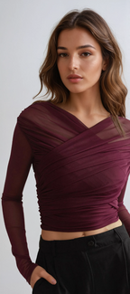 Sheer Mesh Ruched Long Sleeve Top