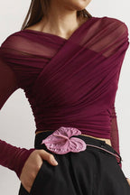 Sheer Mesh Ruched Long Sleeve Top