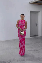 Floral Embroidered Sleeveless Evening Maxi Dress