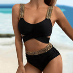 Elegant Golden Cross Straps High-Waisted Bikini