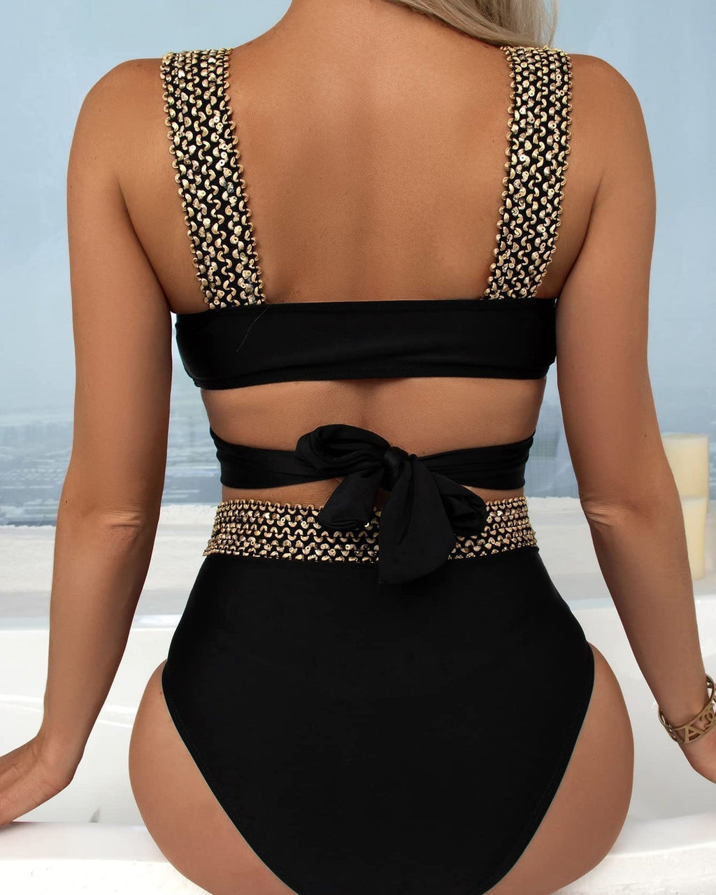 Elegant Golden Cross Straps High-Waisted Bikini