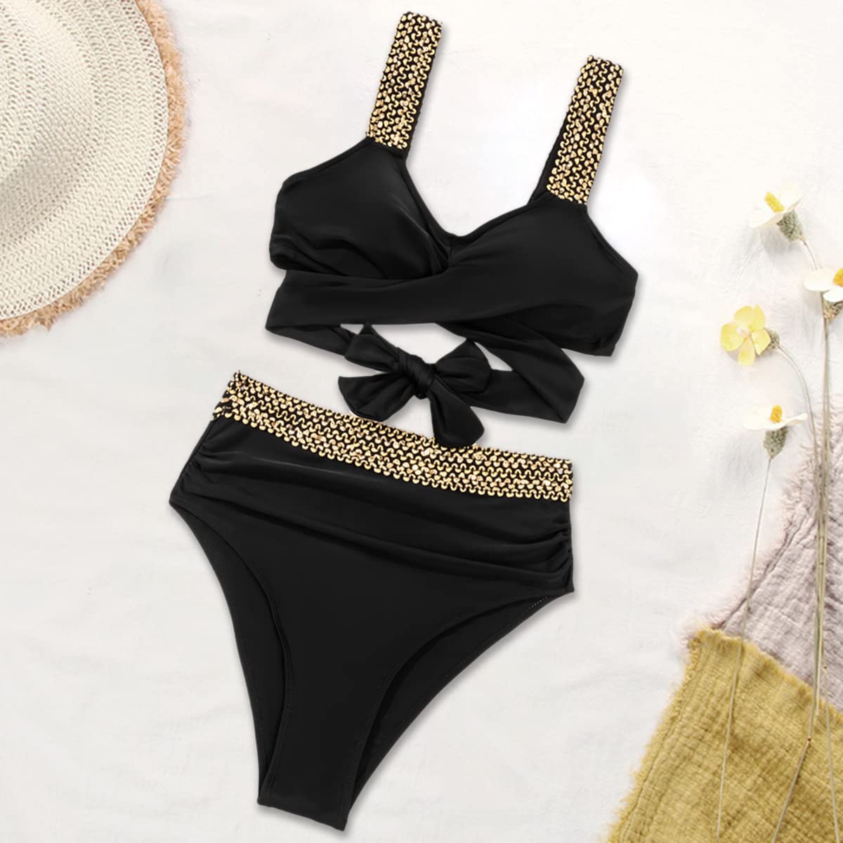 Elegant Golden Cross Straps High-Waisted Bikini