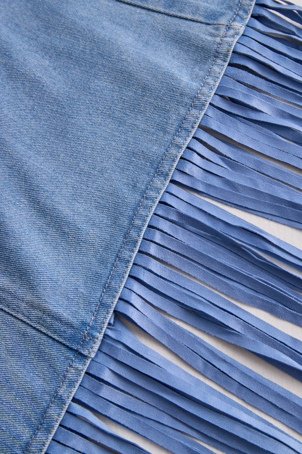 Stylish Denim Two-Piece Set With Asymmetrical Top And Fringed Skirt