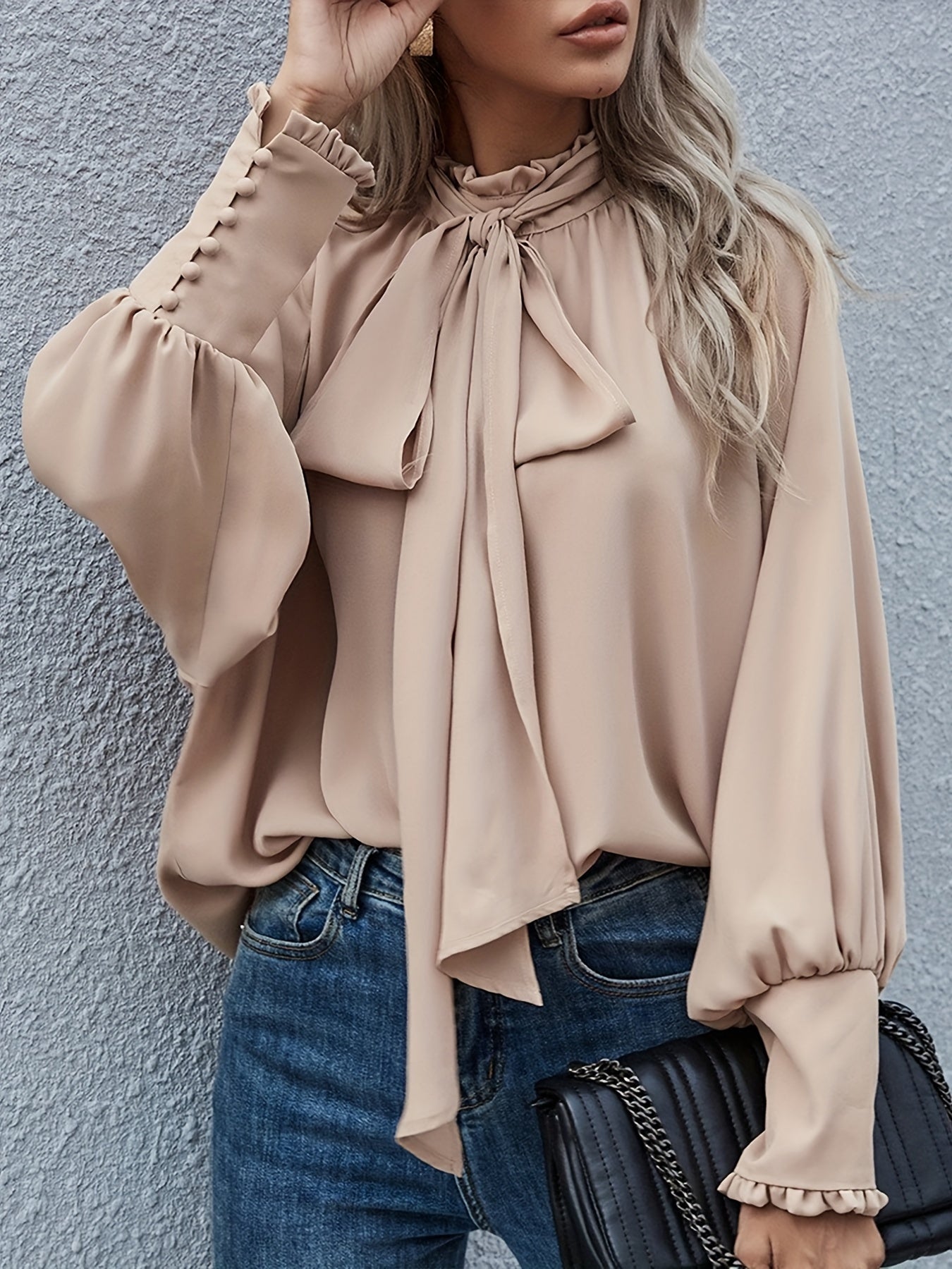 Long Sleeve Blouse with Tie Neck