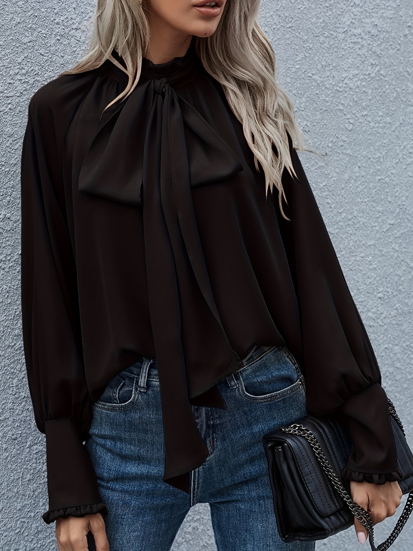 Long Sleeve Blouse with Tie Neck