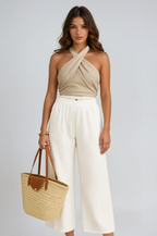 Linen Blend Crisscross Halter Crop Top