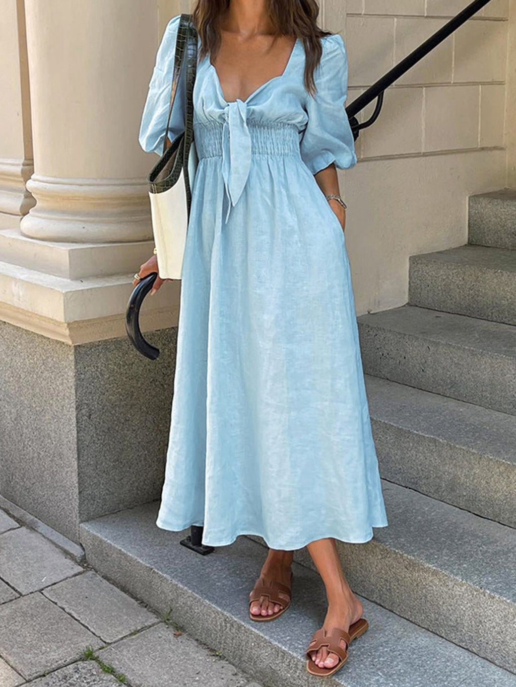 Blue Linen Blend Summer Midi Dress