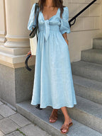 Blue Linen Blend Summer Midi Dress