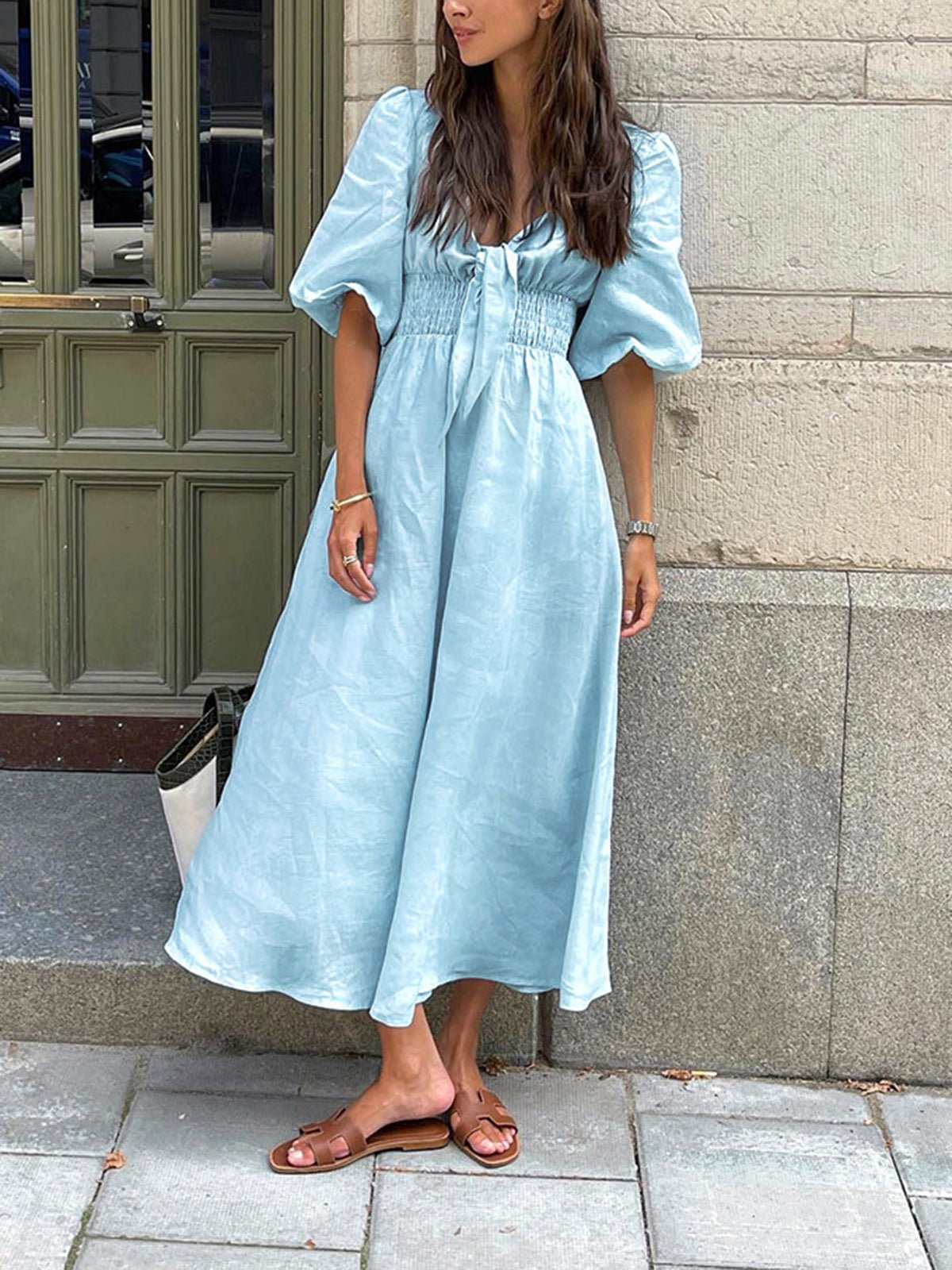 Blue Linen Blend Summer Midi Dress
