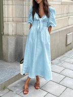 Blue Linen Blend Summer Midi Dress