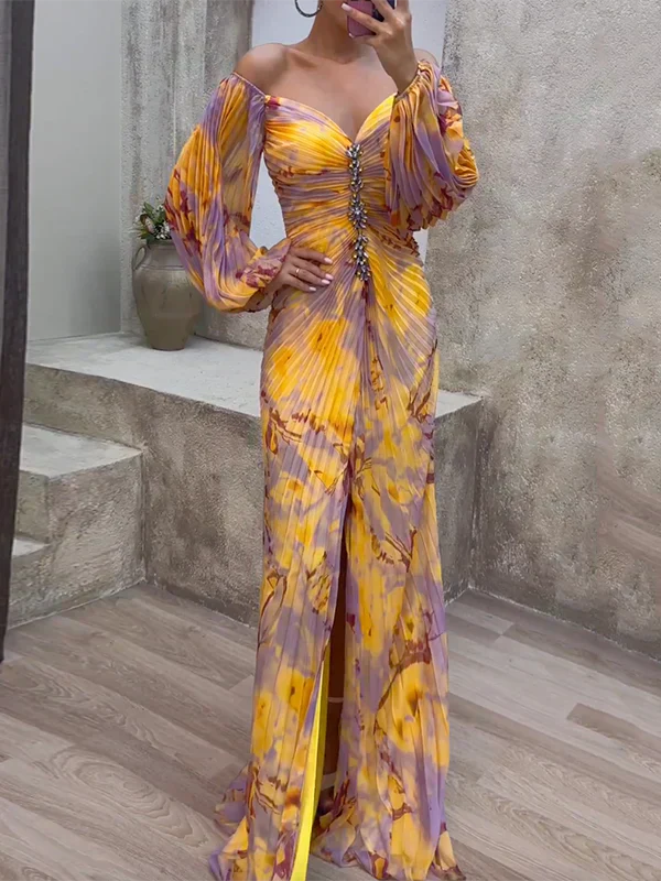 Luxurious Evening Maxi Dress - Yellow & purple