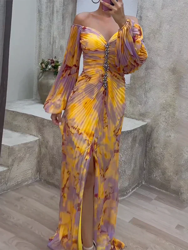 Luxurious Evening Maxi Dress - Yellow & purple