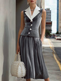 Modern Contrast-Collar Sleeveless Blazer & Pleated Midi Skirt Set