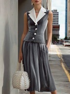 Modern Contrast-Collar Sleeveless Blazer & Pleated Midi Skirt Set