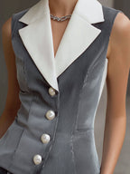 Modern Contrast-Collar Sleeveless Blazer & Pleated Midi Skirt Set