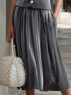 Modern Contrast-Collar Sleeveless Blazer & Pleated Midi Skirt Set