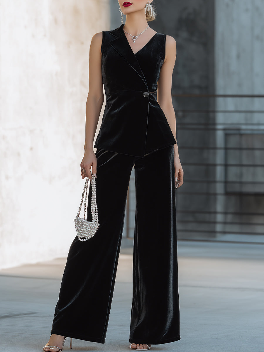 Velvet Sleeveless Tux-Inspired Blazer & Wide-Leg Pants Set