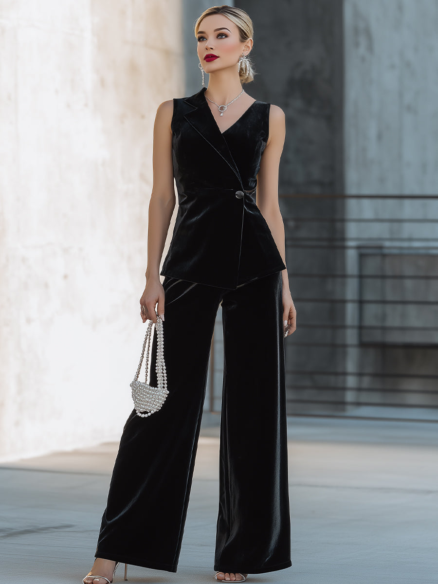 Velvet Sleeveless Tux-Inspired Blazer & Wide-Leg Pants Set
