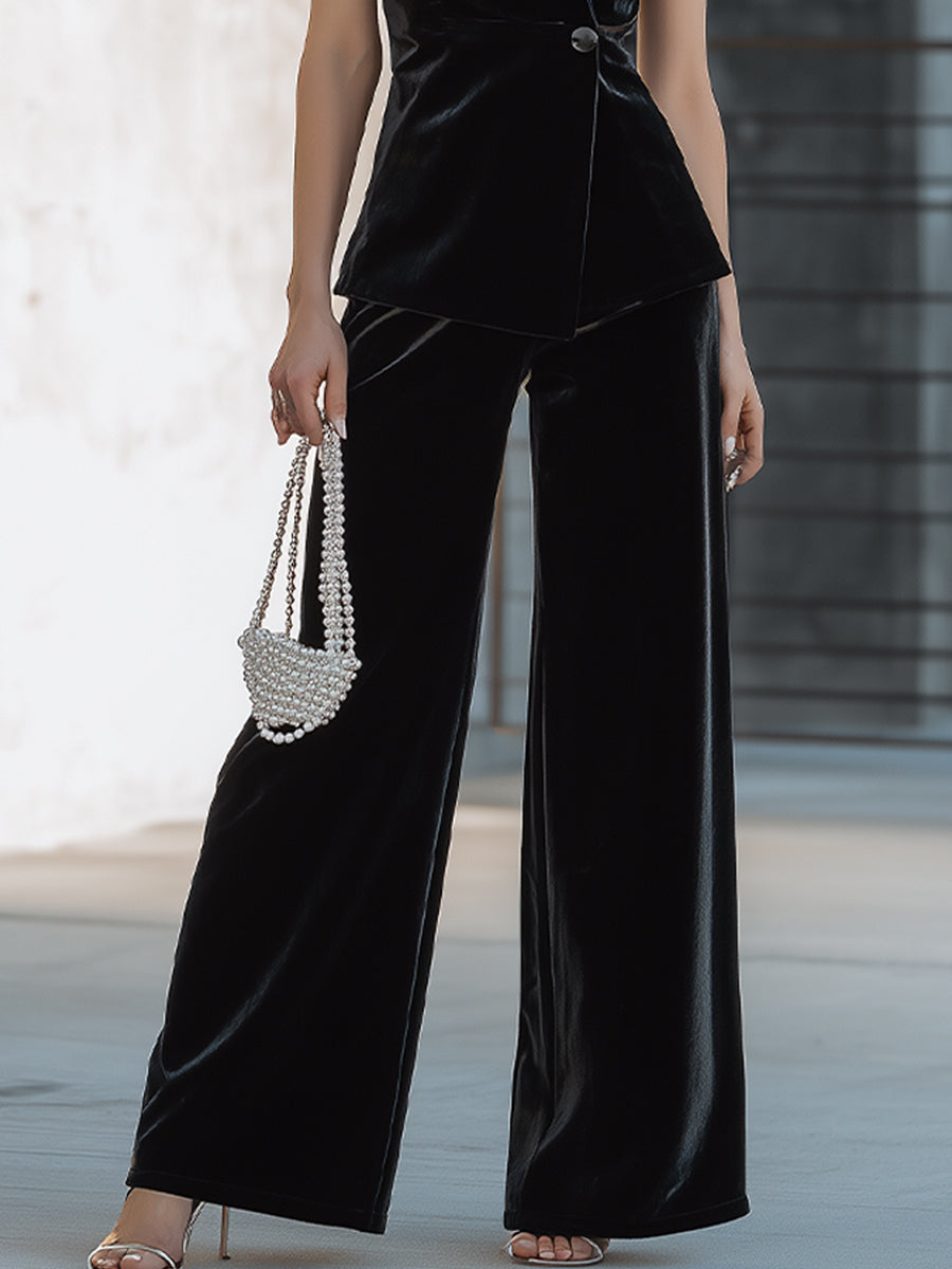 Velvet Sleeveless Tux-Inspired Blazer & Wide-Leg Pants Set