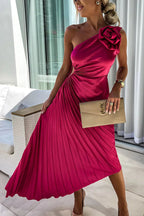 Elegant Shoulder Pleated Special Occasion Midi Dress
