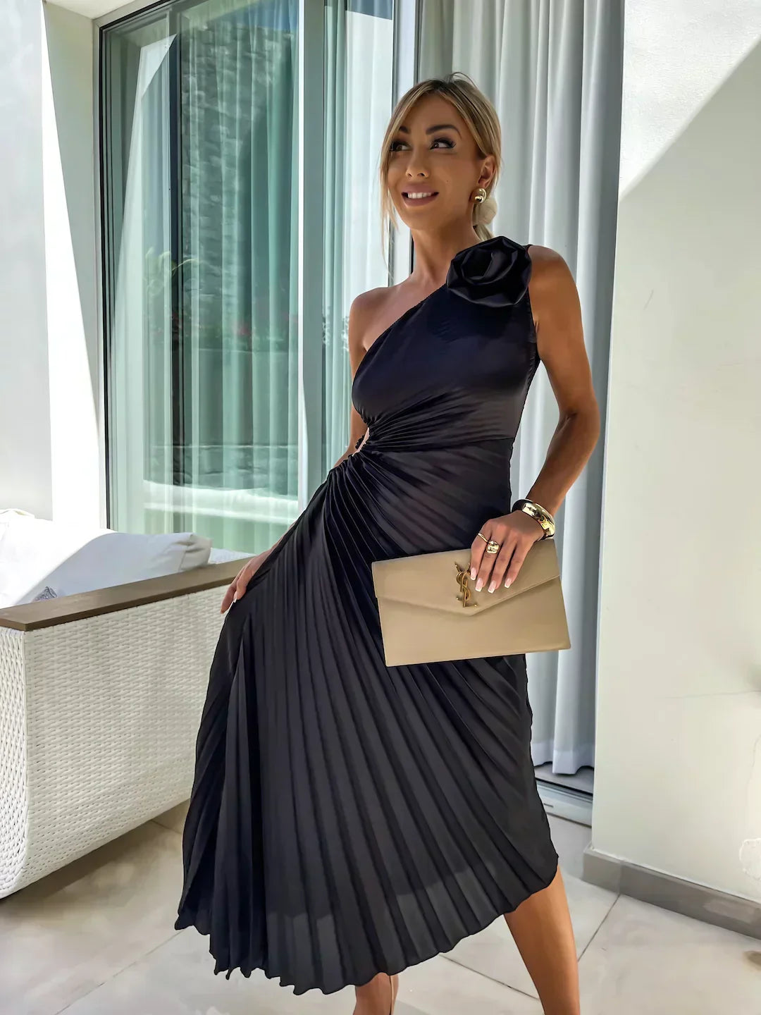 Elegant Shoulder Pleated Special Occasion Midi Dress