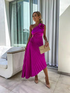 Elegant Shoulder Pleated Special Occasion Midi Dress