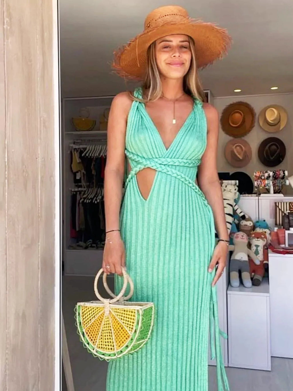Mint Green Cable Knit Summer Party Maxi Dress