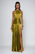 Metallic Pleated Halter Maxi Dress