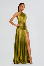 Metallic Pleated Halter Maxi Dress