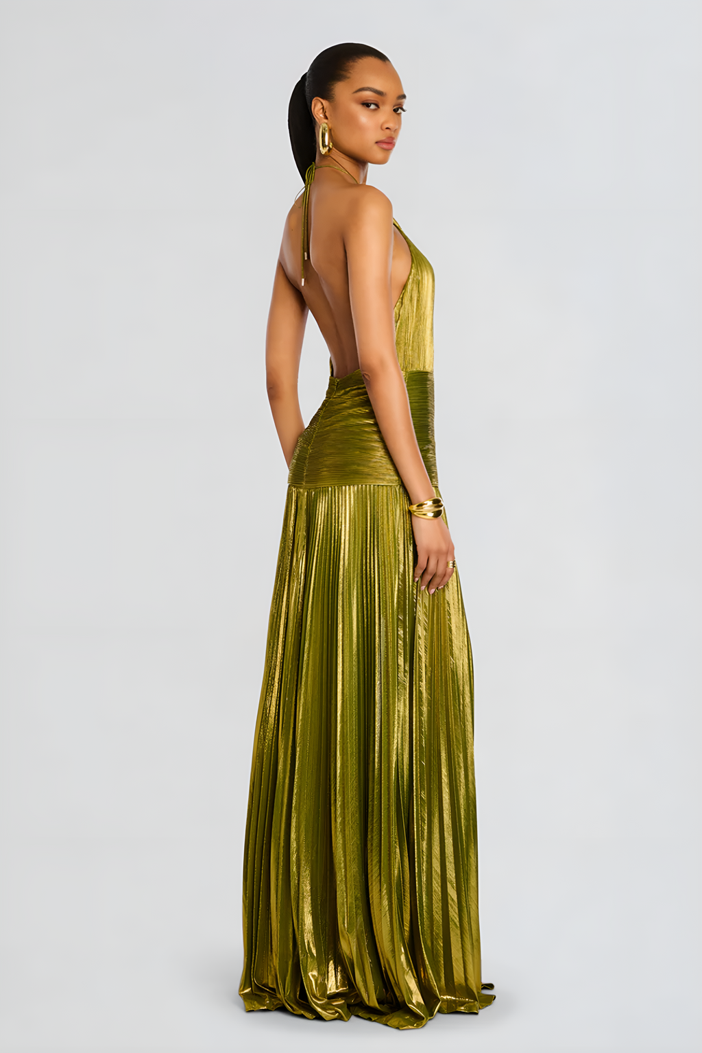 Metallic Pleated Halter Maxi Dress