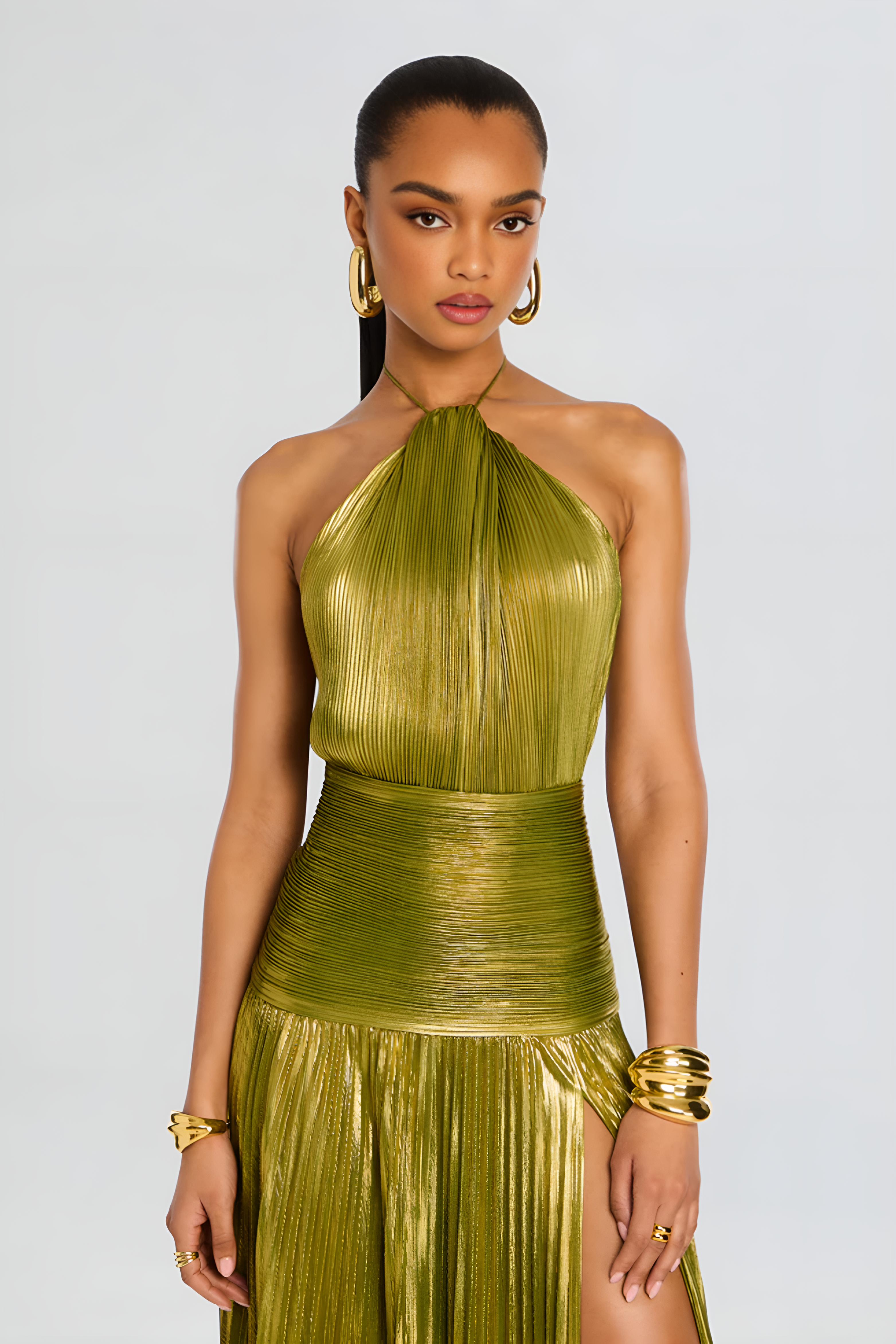 Metallic Pleated Halter Maxi Dress