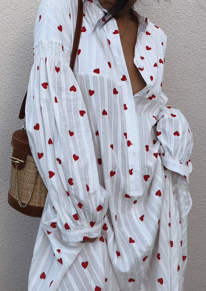 Summer Oversized Hearts Embroidered Shirt Dress