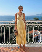 Yellow Pleated Summer Party Maxi Dress