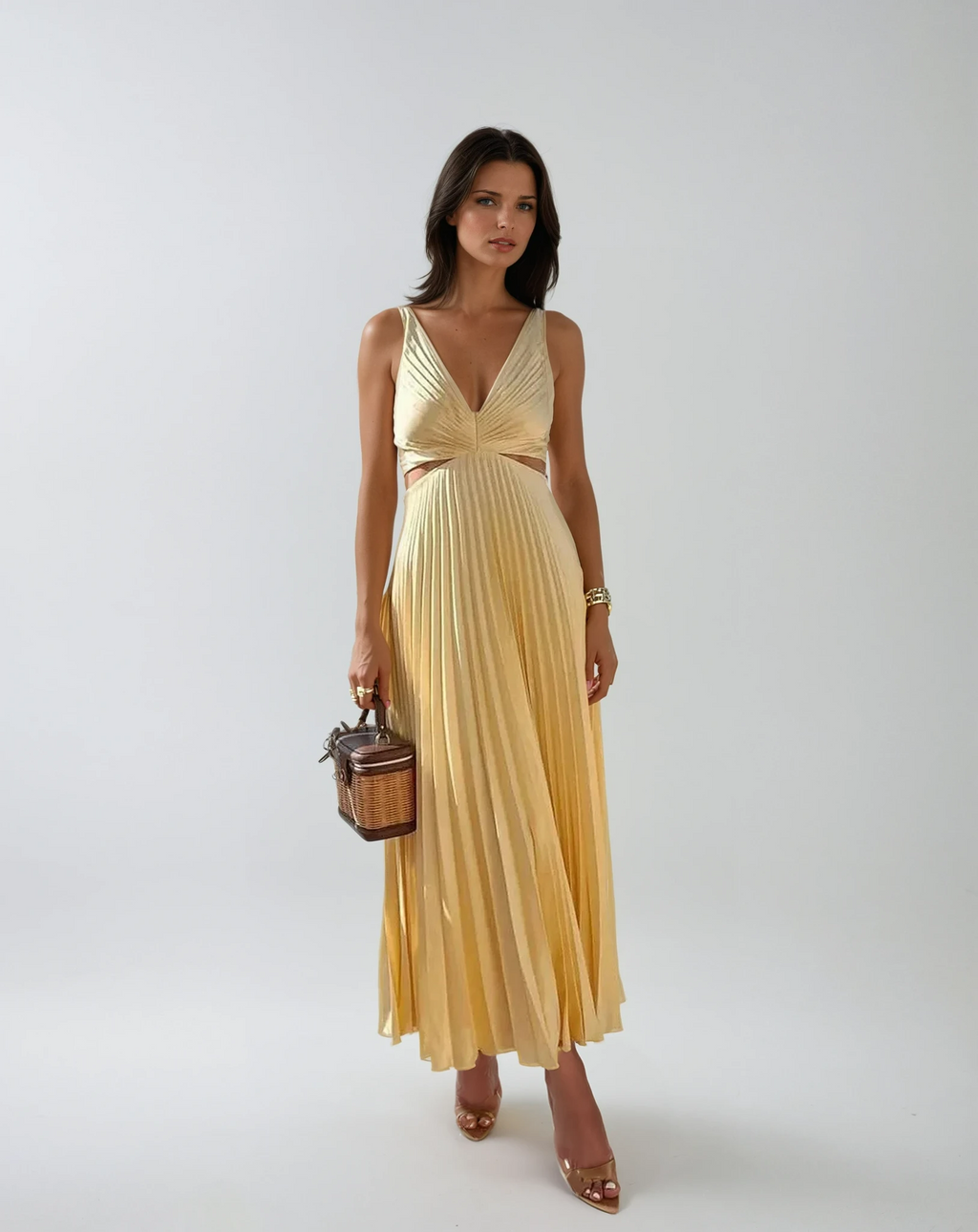 Yellow Pleated Summer Party Maxi Dress